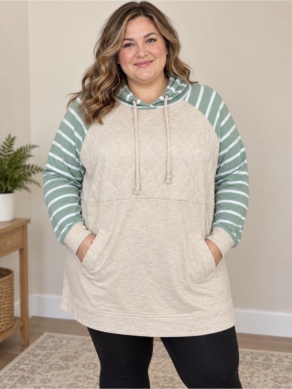 Maurices Plus Size Quilted Hoodie with Sage Striped Sleeves